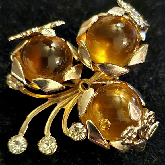 Vintage Artisan Blown Glass Orbs, Goldtone Floral & Rhinestone Brooch/Pendant - Picture 3 of 5